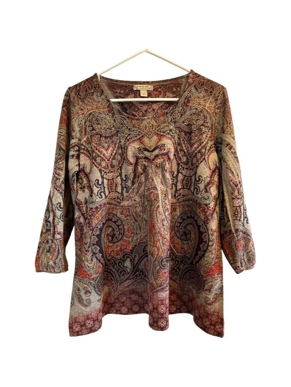 Energie Floral Abstract Artistic Blouse, embellishment at neckline, Large